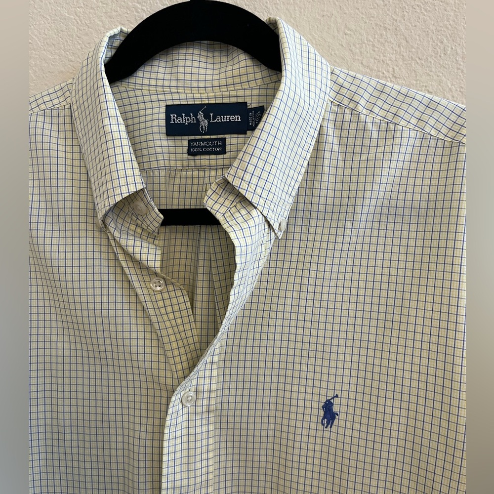 Polo Ralph Lauren Yarmouth Vintage 90s Yellow Navy Tattersall Plaid 16.5 32/33